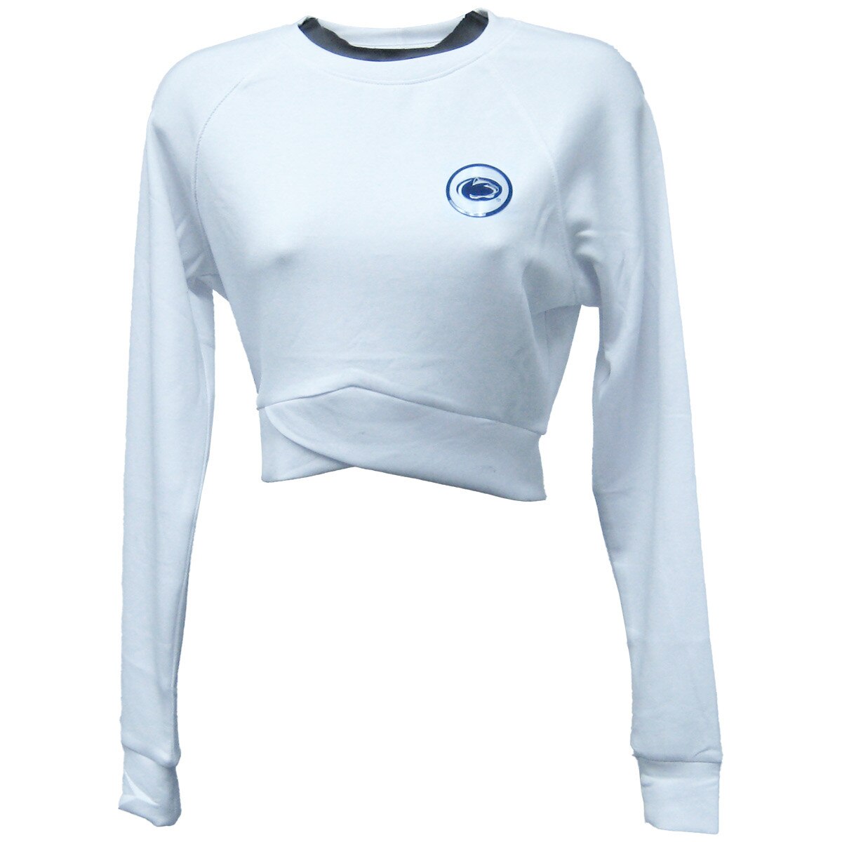 women's white cropped long sleeve t-shirt with holographic Penn State Athletic Logo